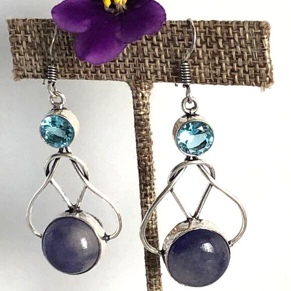 925 Sterling Aventurine & Blue Topaz Dangle Earrings - Picture 1 of 6